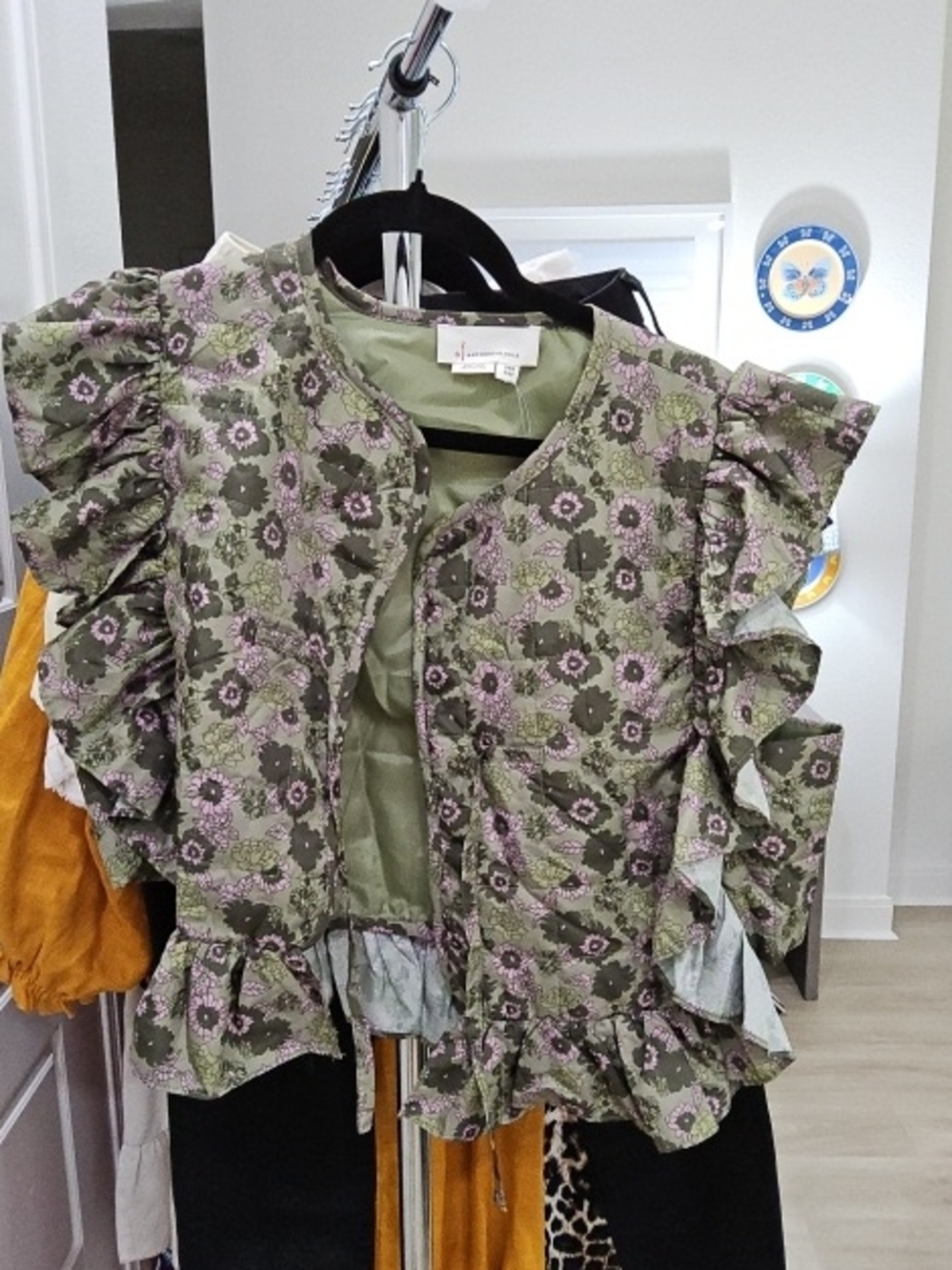 Anthropologie Olive Green Jacket with Lavender Floral Trim